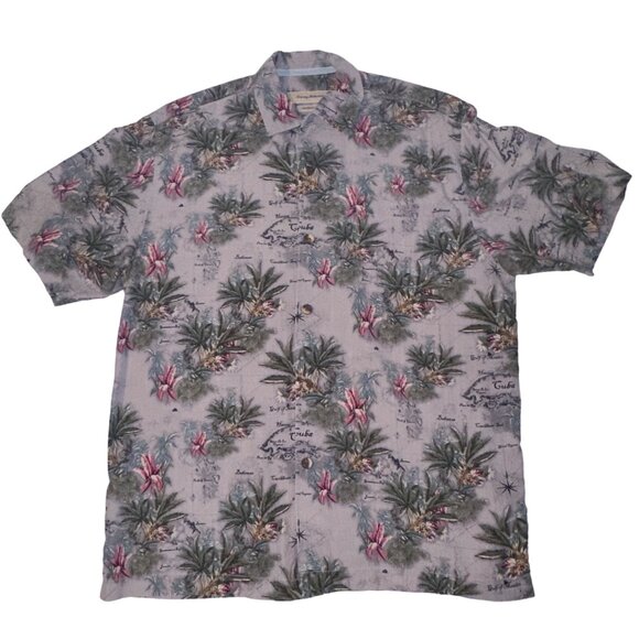 Tommy Bahama Mens Large Gray Map Palm Tree Silk Button Up Short Sleeve Top - Picture 1 of 9